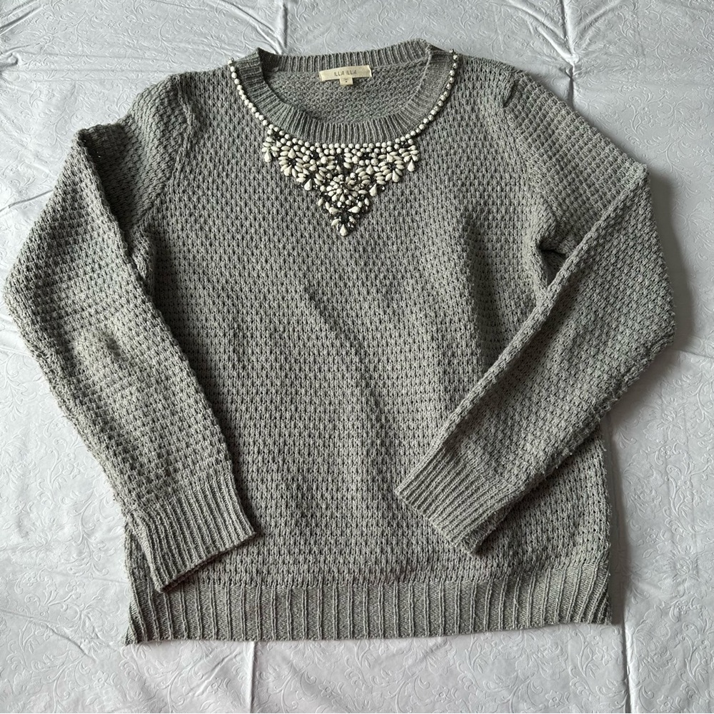 Grey Rhinestone Embellished Sweater